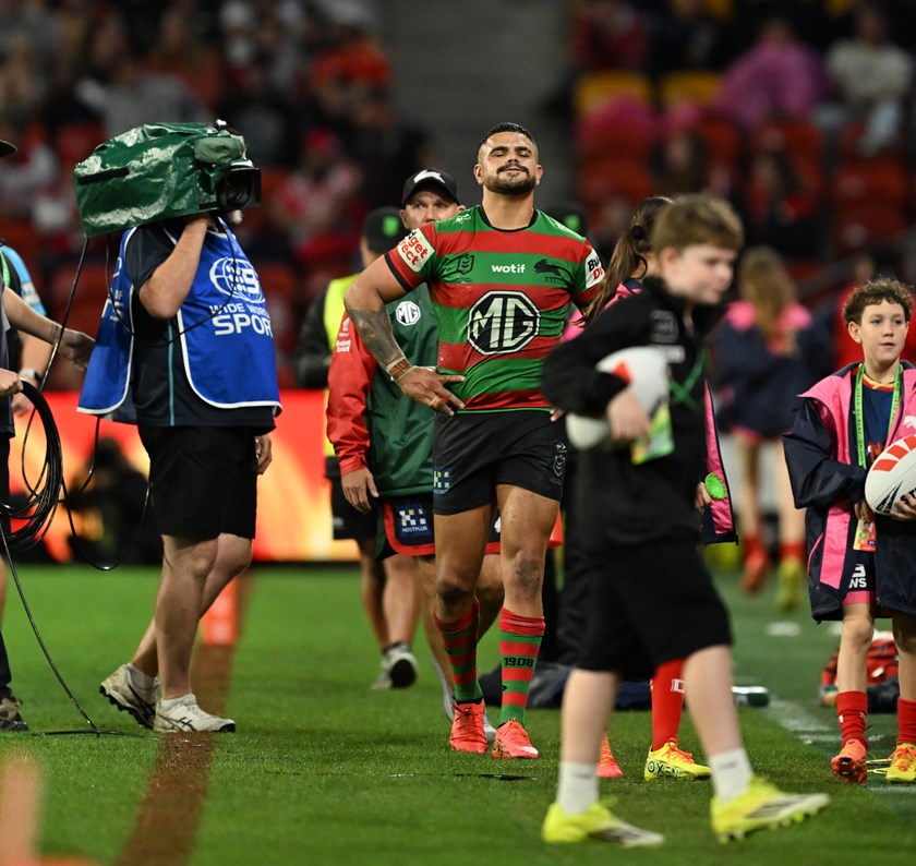A dejected Latrell Mitchell failed to finish South Sydney's match against the Dolphins. 