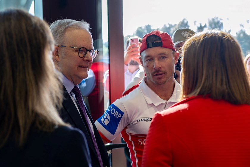 Australian Prime Minister Anthony Albanese chats to Dragons hooker Damien Cook at the opening of the club's Centre of Excellence in Wollongong.