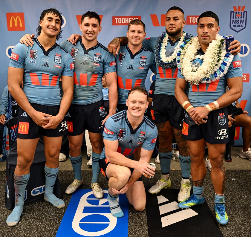 Ethan Strange (bottom) was one of six NSW debutants to play in Origin I, along with Casey McLean, Victor Radley, Blayke Brailey, Addin Fonua-Blake and Tolu Koula.