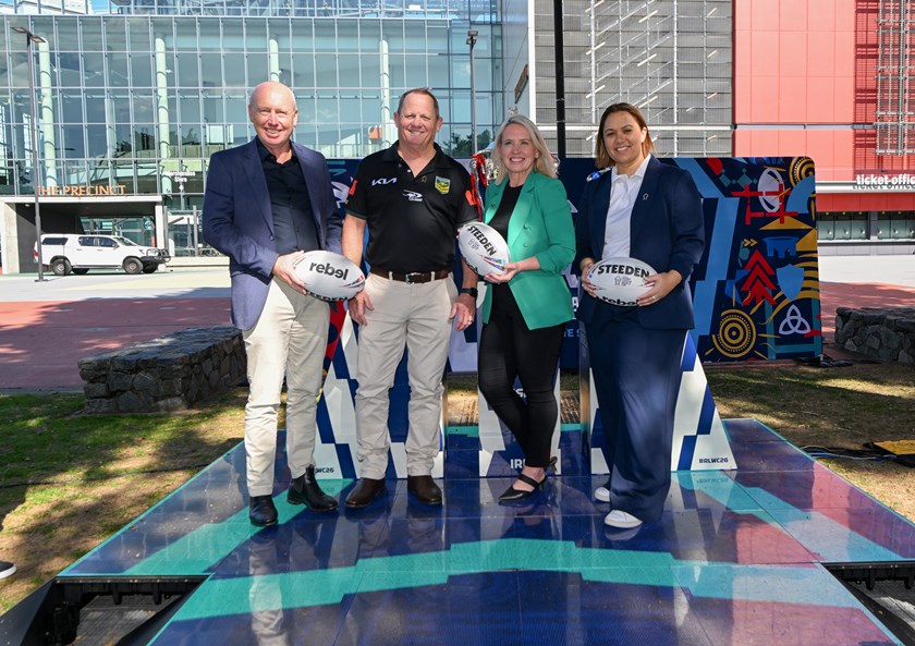 Wheelchair Rugby League Australia Chair Darren Gocher, Kangaroos coach Kevin Walters, ARLC Commissioner, The Hon Kate Jones and Jillaroos coach Jess Skinner at the launch of the 100 Days To Go countdown to RLWC2026.