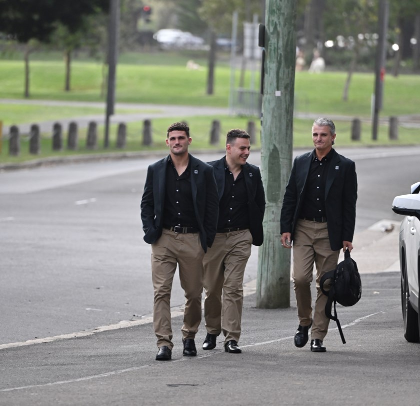 Nathan Cleary arrives at the hearing with his father and coach, Ivan Cleary, and Panthers media manager Michael Blok. 