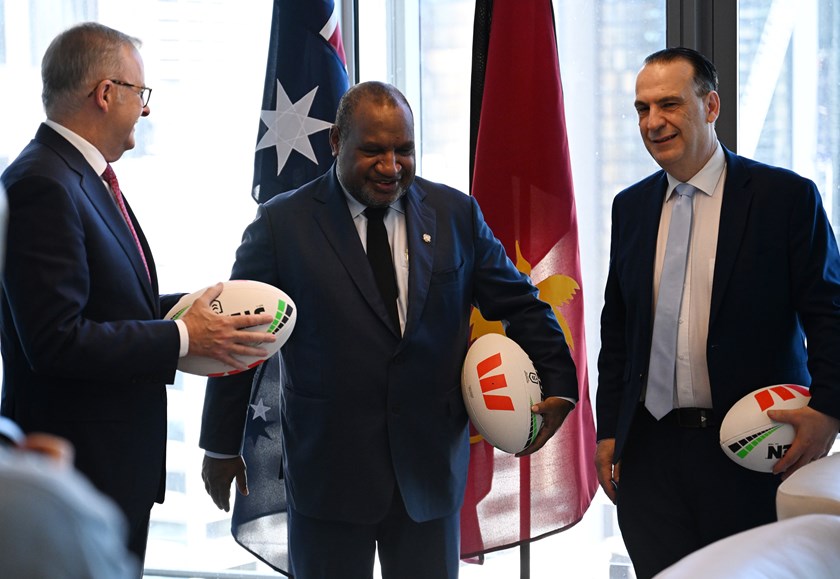 PNG Prime Minister James Marape with Australian PM Anthony Albanese and ARLC Chair Peter V'landys at the announcement of PNG's entry into the NRL in 2028.