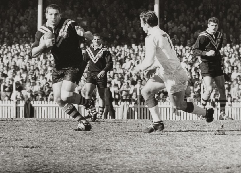 Beetson hits the ball up during his Test debut, when he set up two tries before half time to lay the platform for the Australian’s victory.