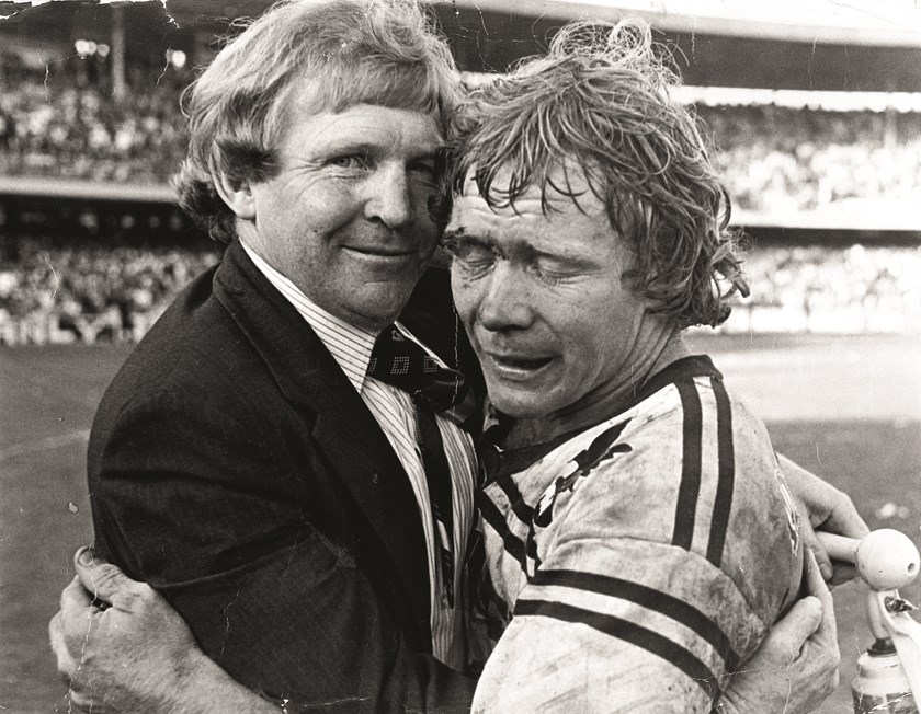 Fulton and coach Frank Stanton embrace at full-time of the 1976 Grand Final after Manly claimed their third premiership with a 13-10 win over Parramatta.