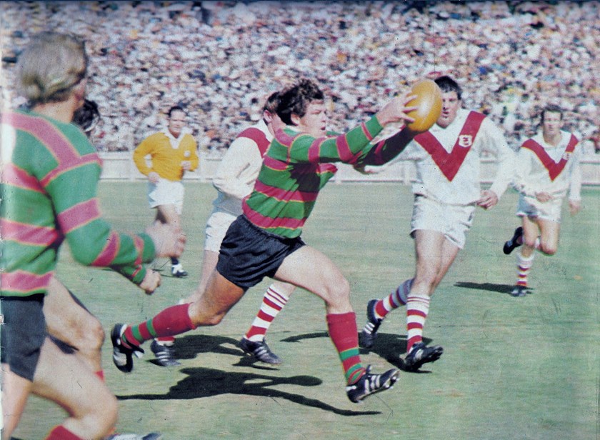 Bob McCarthy snares a bouncing ball in his fingertips during the Rabbitohs charge to the 1971 premiership.