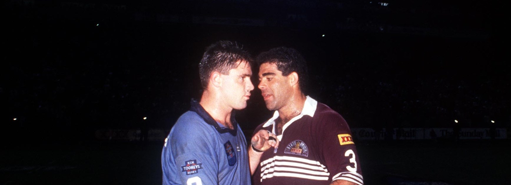 Brad Fittler and Mal Meninga chat at the end of one of the 1994 Origin matches.