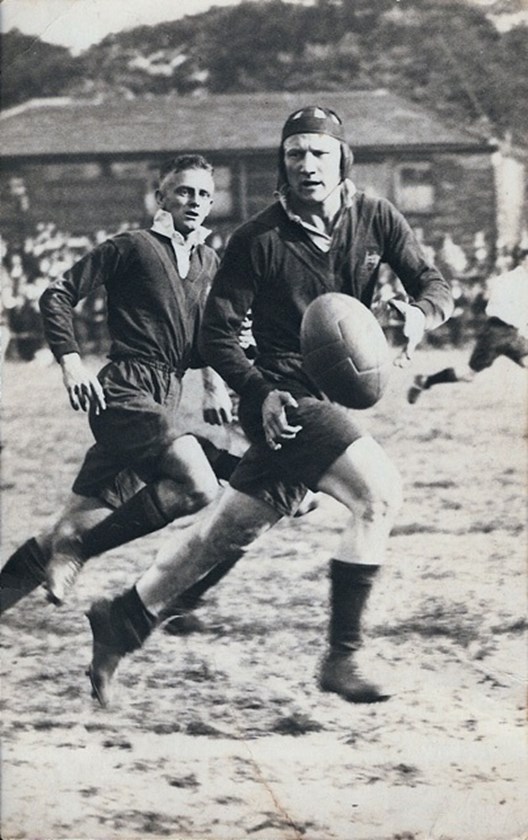 Roosters legend Dave Brown, with Viv Thicknesse in support, looks to distribute the ball in a match on the 1933 Kangaroo tour.