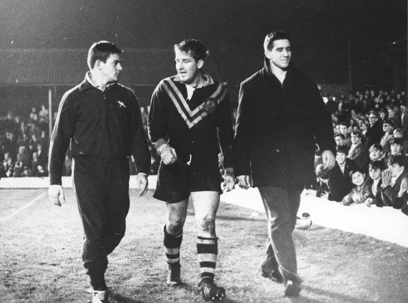 Noel Kelly leaves the field in England during a match on the 1967 Kangaroo tour.