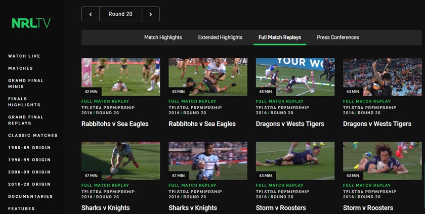 NRL TV Matches page