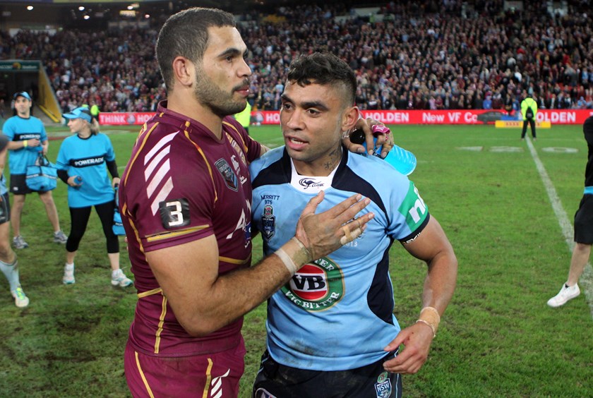 Nathan Merritt with Rabbitohs team-mate Greg Inglis after the pair clashed in Origin in 2013.