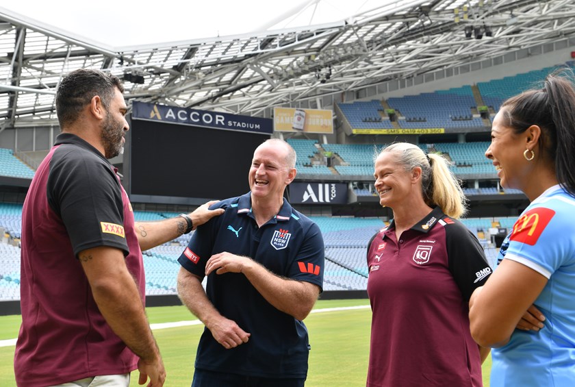 Michael Maguire and Greg Inglis share a joke with Maroons women's coach Tahnee Norris and Sky Blues star Tiana Penitani at the 2024 Origin launch.