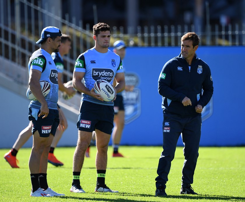 Blues halves Cody Walker and Nathan Cleary with assistant coach Andrew Johns in 2019.