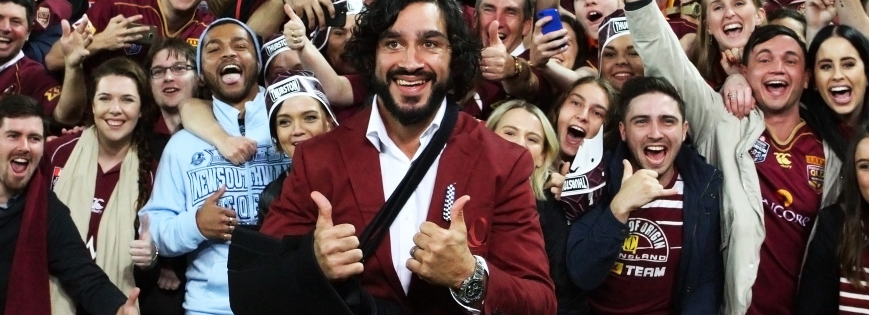 Johnathan Thurston celebrates the Maroons' 2017 series win