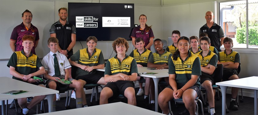 NRL VET Ambassadors Andrew Davey and Tamika Upton share their VET journey by presenting the NRL-VET Pathways Program to students at Chanel College